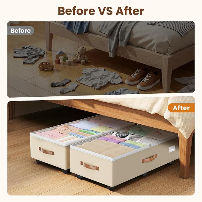 80L 2 Pack Adjustable Under Bed Storage with Wheels, Beige | Underbed containers with clear lids, rolling underbed shoe storage organizer for dorm clothes, blankets, easy to install