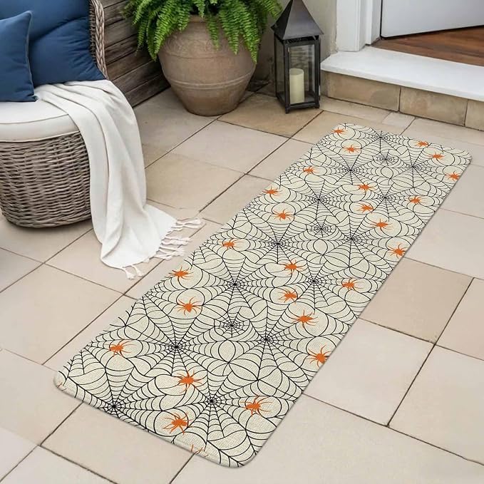 Halloween Bathroom Runner Rugs Non Slip Washable Absorbent Narrow Long Bath Mat Black Net Classic Spiders Gingham Orange Rustic Runner Rugs for Kitchen Hallway Bedroom Laundry Study Room 15.7"x47.2"