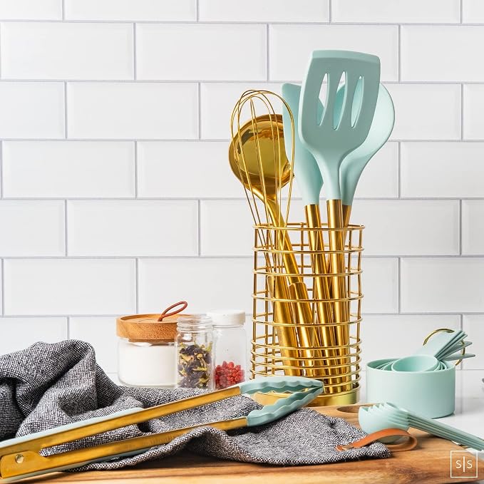 Teal Blue Kitchen Utensils Set with Holder – 17-Piece Nonstick Safe Cooking Utensils with Gold Utensil Holder – Stylish Teal Blue Kitchen Accessories for Cooking and Baking