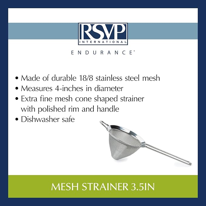 RSVP International Endurance Kitchen Collection, Stainless Steel Fine Mesh Conical Sieve/Colander, Multi-Purpose for Cooking, Baking, Loose Leaf Tea, Bar Strainer Cocktails, 4-Inch