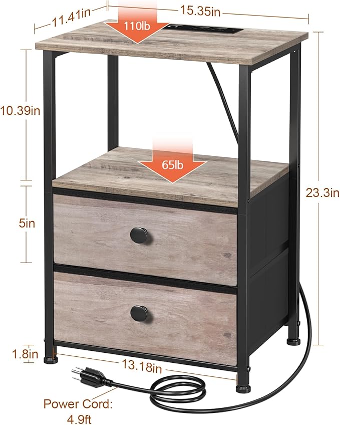Nightstands Set of 2, LED Night Stand with Charging Station | Bedside Table with Type-C Outlets & 2 Fabric Drawers, End Tables with Storage Shelf for Bedroom, Small Spaces, Grey