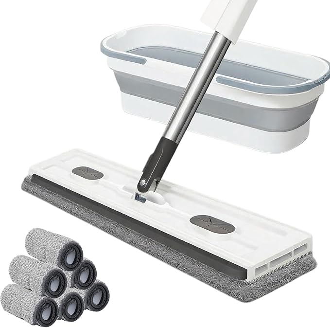 2025 New Large Flat Mop with 6 Reusable Mop Head Dry and Wet, Flat Mop and Bucket Set, Adjustable Handle Self Wringing Flat Mops, 360 Rotation Flat Mop (White with 6pcs Mop Head)