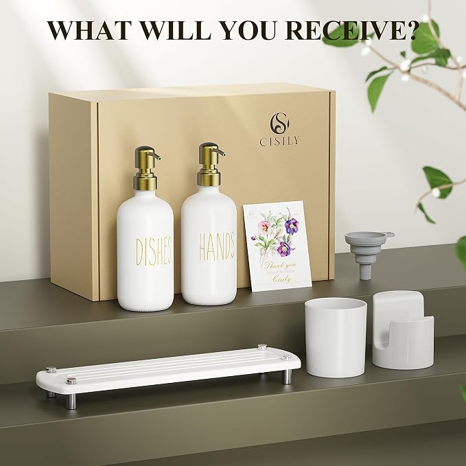 Cisily Kitchen Soap Dispenser Set Comes with Ceramics Sponge Holder, Gold Pumps, and Instant Dry Tray, Hand and Dish Soap Dispenser Set (5, Gold + White + Brush Holder + Sponge Holder)