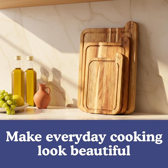 Non-Toxic Acacia Cutting Board Set of 3, Mineral Oil Free, Plastic Free | Petroleum free. No BPA. FSC-certified wood. 3 sizes: 17x11, 14x9 & 11x7 in. Beeswax, flaxseed & lemon oil finish.