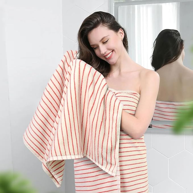 Striped Bath Towels Set of 2 (Coral Red), Lighter & Quick Dry Towels | Large 27.5 x 55 inches, Farmhouse for Bathroom Decor, Shower, Pool Days