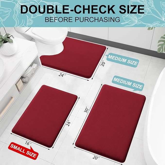 Smiry Memory Foam Bath Mat 30x20, Extra Soft and Absorbent Bathroom Mats, Non Slip Washable Carpet for Floor, Shower and Tub, Red