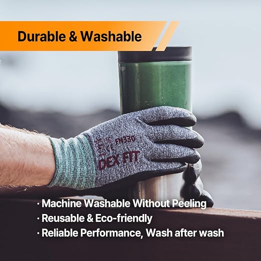 DEX FIT Nitrile Work Gloves FN330, 1 Pair, 3D-Comfort Stretchy Fit, Firm Grip, Thin & Lightweight, Touch-Screen Compatible, Durable, Breathable & Cool, Machine Washable; Grey M (8)