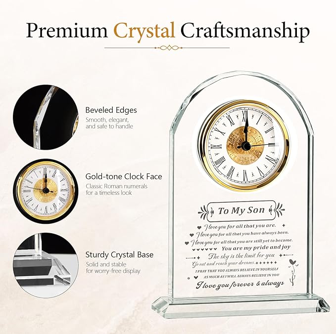 to My Son Gift from Mom or Dad, Birthday Graduation Christmas for Son Adult Present, Laser Engraving Glass Clock Gift (Battery not Included) (Son Gifts)
