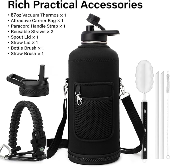 DYSANKY 87 oz Insulated Water Bottle | Thickened Stainless Steel for Gym and Hiking with Straw, Carrier Bag, Handle Strap | BPA-Free 87 oz
