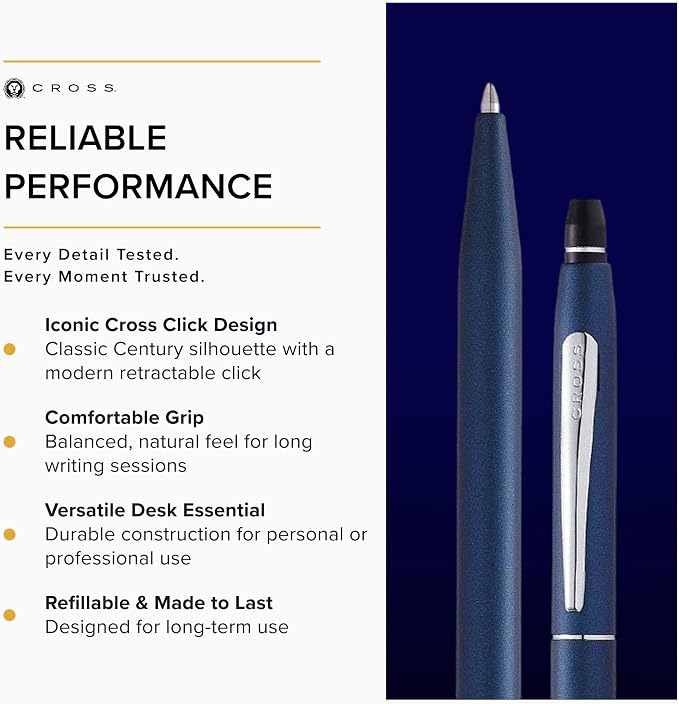 Cross Click Ballpoint Pen, Metallic Navy Blue | High-End Writing Tool for Versatile Use - Smooth Writing & Journaling -Long-Lasting - Black Ink - Includes Gift Box