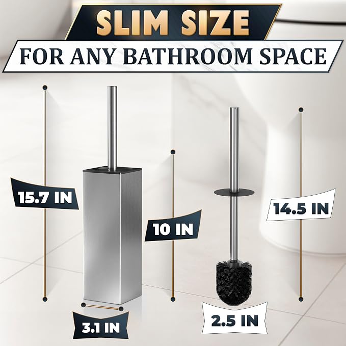Silver Toilet Brush and Holder Set Stainless Steel – Square Design Toilet Bowl Brush and Holder, Rust, Corrosion & Scratch Resistant with Splash Protection, for Efficient Cleaning and Neat Storage