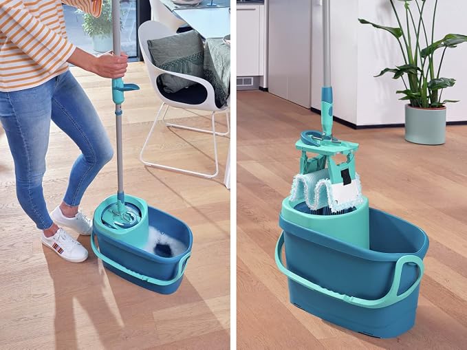 Leifheit Clean Twist Ergo 2.0 Flat Mop Set with Power Cleaner, Floor Mop with Microfibre Cover for Mist Cleaning on Laminate and Tiles, Mop with Spin Technology
