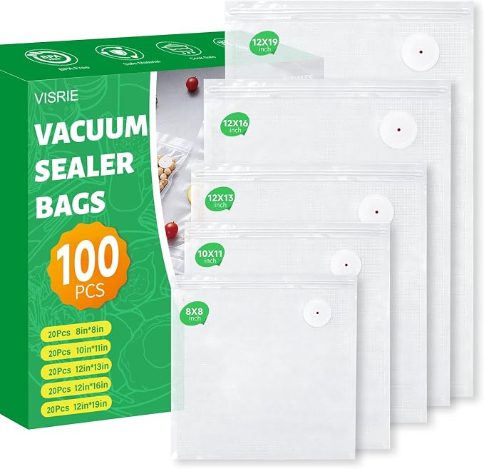VISRIE 100Pcs Reusable Vacuum Sealer Bags for Food, 5 Assorted Size | BPA-Free Food Storage Bags for Sous Vide Microwave Heating, Compatible with Handheld Sealer and Vac Sealer Machine