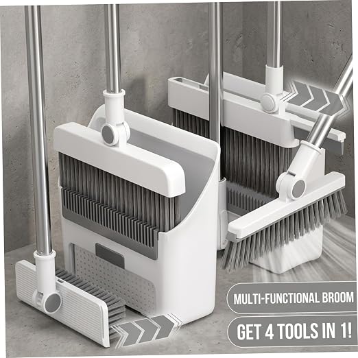 Broom and Dust Pan, Broom and Dustpan Set with Push Brooms, Self-Cleaning Comb & Space-Saving Design for Indoor Outdoor Cleaning (White)