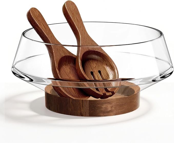 SoulThink® Golden Ratio Extra Large Crystal Glass Salad Bowl Set - Hosting Essentials Salad Serving Bowl with Acacia Wooden Salad Servers and Base, Dinner Party Must Haves for All Occasions