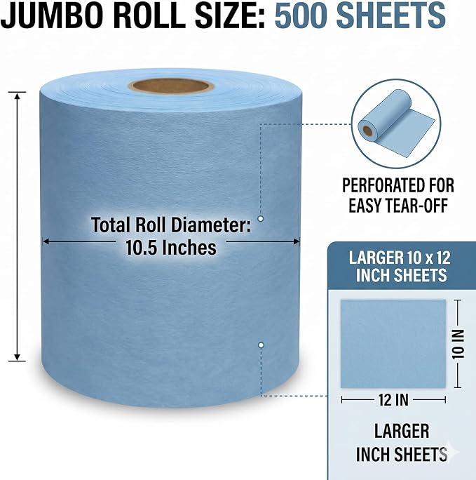 4 Rolls Industrial Cleaning Wipes Jumbo Roll, Heavy Duty Lint Free Shop Towels, Super Absorbent Reusable Cleaning Cloths for Garage Workshop Automotive, 500 Sheets 12"x 10" (Blue, 10"X12")