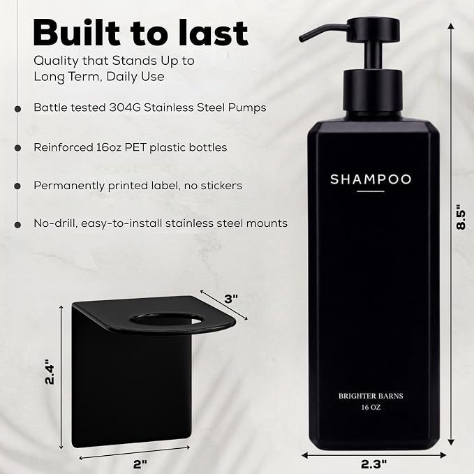 Black Shampoo and Conditioner Dispenser Set Wall Mounted by Brighter Barns - Shampoo Conditioner Body Wash Dispensers - No Drill Shower Soap Bottles for Hotel, RV, Spa, Airbnb, Vacation Rental (Black)