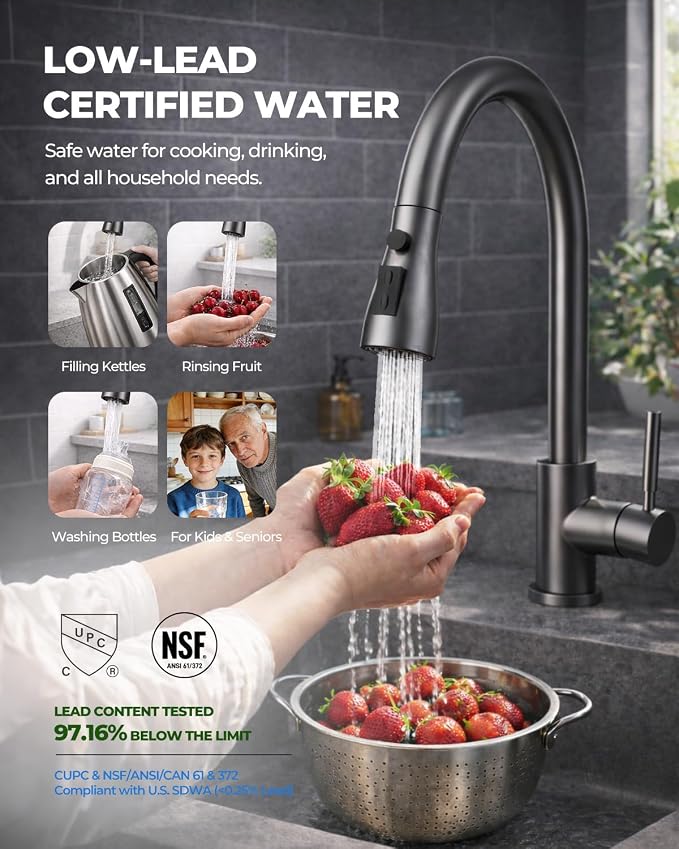 WEWE Kitchen Faucets with Pull Down Sprayer, Stainless Steel Single Handle 1 Hole for Family Kitchen Commercial Camper Laundry Rv Bar, Matte Gray
