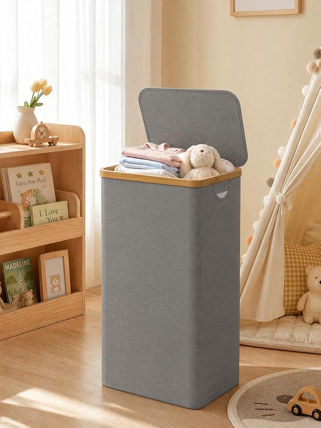 iEGrow Laundry Hamper with Lid, 110L Large Laundry Hamper with Handle and Lid, Collapsible Clothes Basket Organizer with Removable Inner Bag for Clothes Toys Towels - Grey