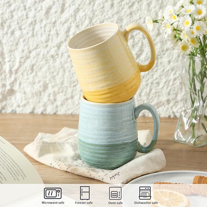 HASENSE Porcelain Coffee Mugs Set of 4, 12 Oz Two-Tone Reactive Glaze Coffee Cups with Handle, Unique Colorful Mug Set for Coffee, Tea, Coco, Latte, Dishwasher and Microwave Safe