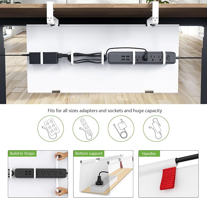 KEEGH Large 36" Under Desk Cable Management Tray - Under Desk Cord Organizer - Clamp/Screw Mount - Support Upto 70lbs - Wire Management - Gaming/PC Cable Tray - Cord Hiders for Office/Home, White
