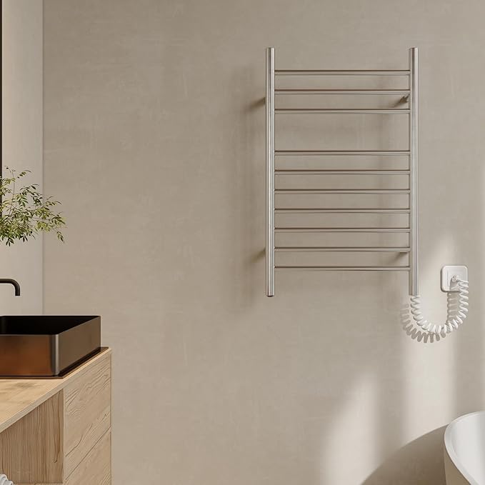 HEATGENE Towel Warmer, Compact Electric Towel Warmer for Small Bathroom, Wall-Mounted Electric Towel Racks, Plug-in/Hardwired Electric Towel Rails - Brushed
