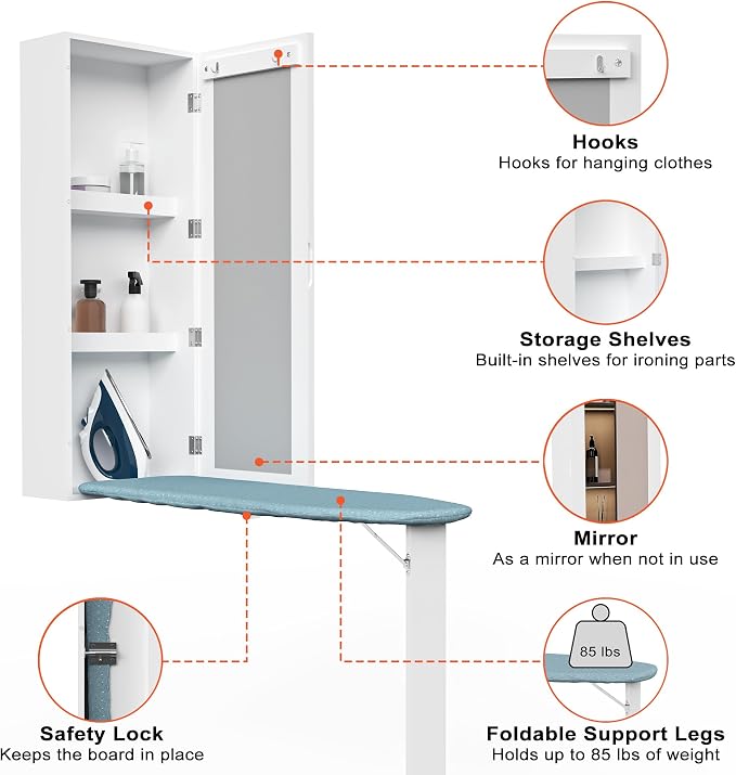 Wall Mounted Ironing Board with Storage Cabinet,Built in Ironing Board & Folding Support Leg, Wall-Mounted Mirrors for Home, Apartment & Small Spaces | 2 Garment Hooks | 2 Organizer Shelves | Foldable Leg & Holds 85lbs | Fits All Spray Bottles | No Ass...