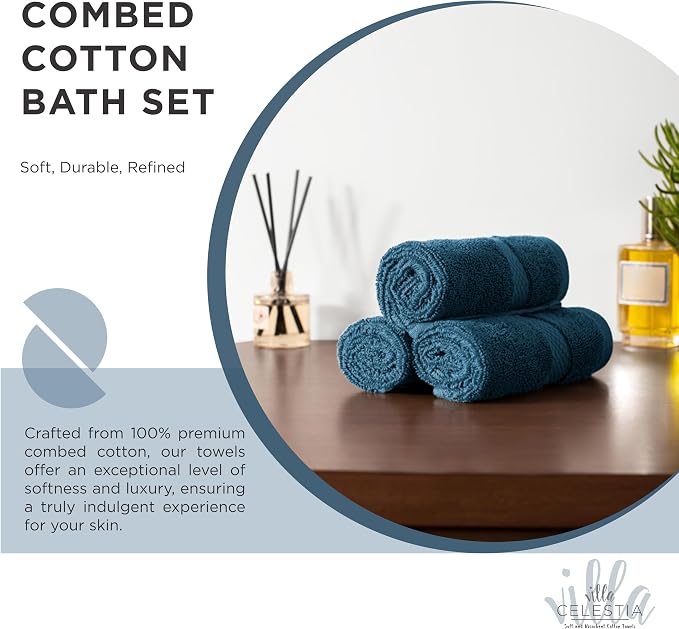 Villa Celestia 100% Cotton Bath Towel Set of 24-6 Bath Towels, 6 Hand Towels, 12 Wash Cloths, Sustainable, Soft, Highly Absorbent, Combed Cotton 24 Piece Set for Hotels, Spa, Bathroom, Dorm, Blue
