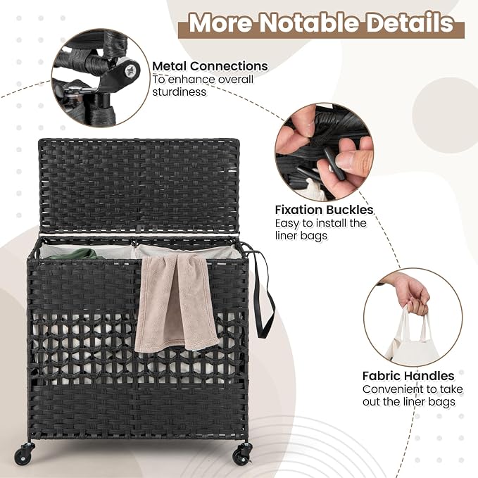 Giantex Laundry Hamper with Wheels and Lid, 33 Gal (125L) Wicker Laundry Basket, 2 Removable Liner Bags, Handles and Pulling Strap, Synthetic Rattan Rolling Laundry Hamper Clothes Storage