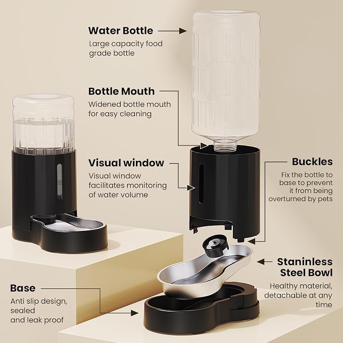 CZPET Elevated Dog Water Bowl Dispenser 8L (8L+Stand+Mat, Black) | With Stainless Steel Bowl Gravity Waterer, Large Capacity and Drinking Area Noise-Free for Pets