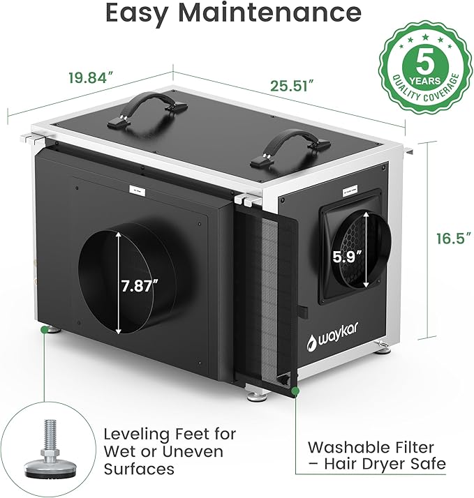 Waykar 216 Pints Crawl Space Dehumidifier with Pump, Remote Control & Dual Duct, HVAC Commercial Dehumidifier for Basement, Whole House & Water Damage, 8000 Sq. Ft, 10-90% RH - 5-Year Quality Coverage