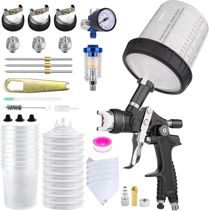 HVLP Air Spray Gun Kit Includes 10 Disposable 650ml Paint Cups with 1.4/1.7/2.0mm Nozzles. The Automotive Paint Spray Gun can be Used for Primer, Clear Topcoat Application(Black)