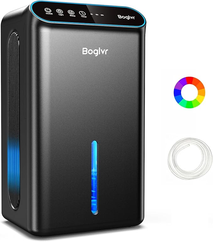 Dehumidifier for Home up to 1000 sq.ft, 98oz Small Quiet Dehumidifier with Drain Hose, 3 Timer Modes, Auto Shut Off, Aromatherapy & 7 Color Light for Bedroom, Bathroom, Basement (Black)