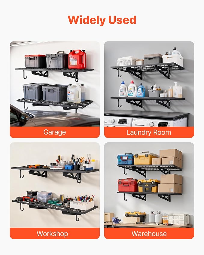 VEVOR 2-Pack Heavy Duty Garage Wall Shelving, 2 x 4 ft Steel Wall Mounted Shelving Unit with Hooks, 24 x 48 Inch Per Shelf Floating Storage Metal Rack for Garage, 500 lbs Total Weight Capacity