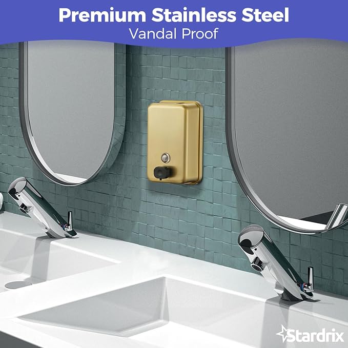 Stardrix Brushed Gold Stainless Steel Vertical 1100ml/37oz Capacity Commercial-Grade Soap Dispenser, Wall-Mounted Bathroom Hand Soap Dispenser with Corrosion-Proof Lining and Anti-Leak Pump