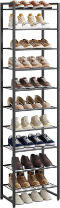 Nunsino Narrow Shoe Rack, 10-Tier Metal Shoe Organizer,Tall Shoe Shelf with Anti-Tip Strap, Max Holds 22 Pairs,Space Saving for Closet,Entryway,Black