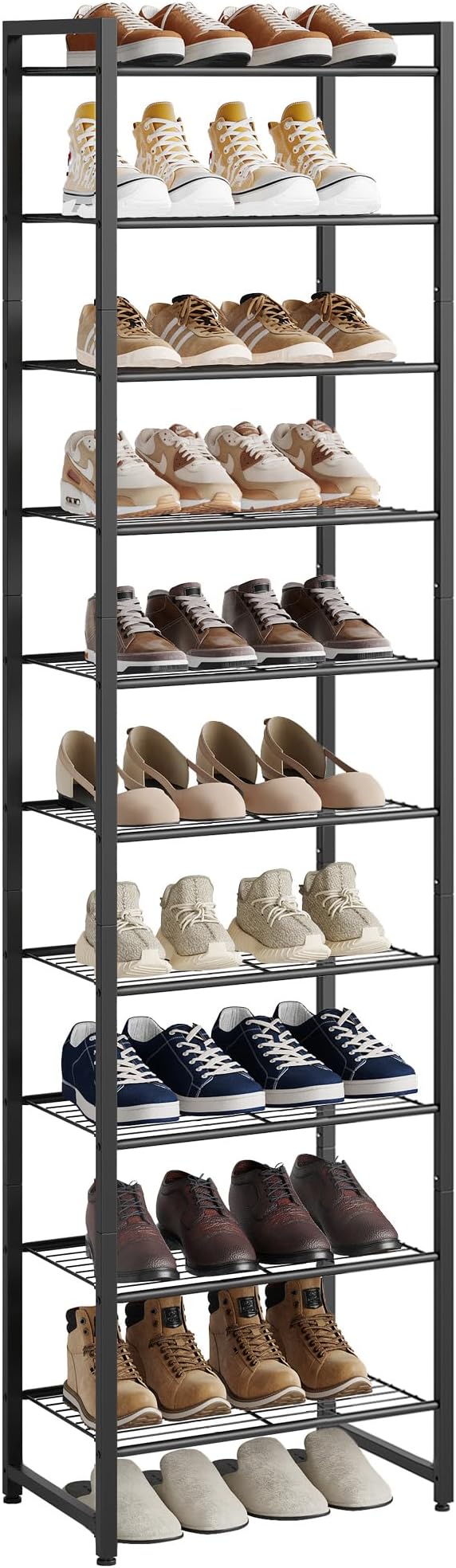Nunsino Narrow Shoe Rack, 10-Tier Metal Shoe Organizer,Tall Shoe Shelf with Anti-Tip Strap, Max Holds 22 Pairs,Space Saving for Closet,Entryway,Black