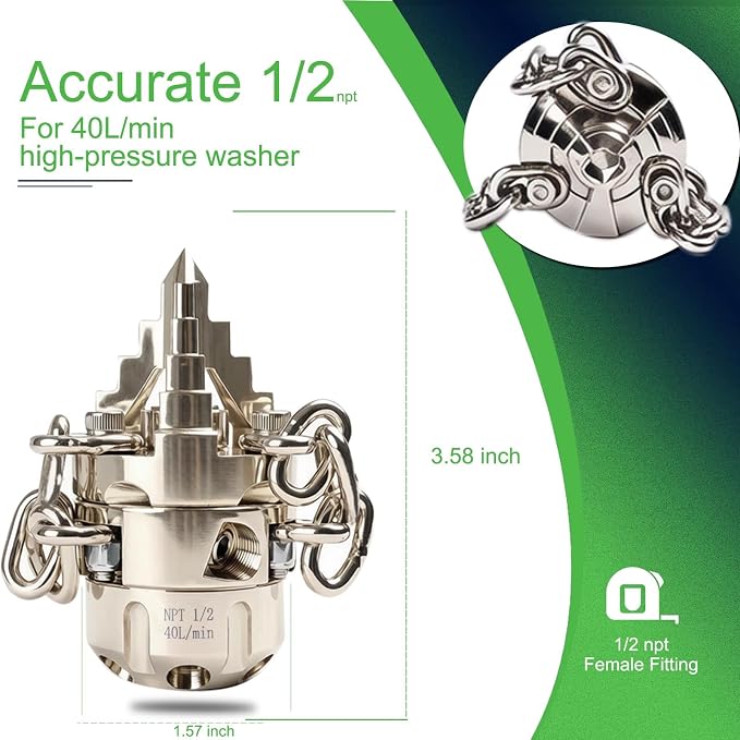 1/2 NPT Sewer Jetter Rotating Nozzle - Cutting Roots, for 2900 psi, 40L/Min (10.57GPM) Pressure Washers, Stainless Steel Drain Cleaning Tool, for Household sewers, Commercial Pipelines