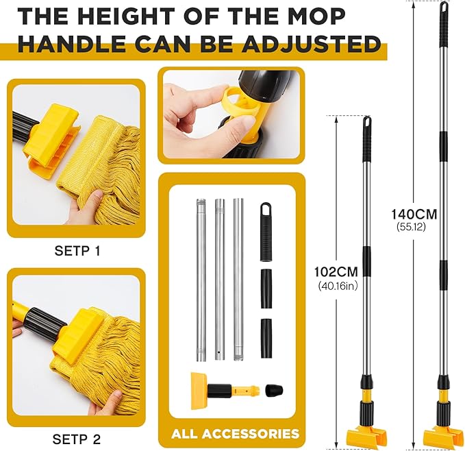 Thyle 6 Pack Stainless Steel Commercial Mop Handle for Floor Cleaning, 3 Section Replaceable Mop Stick Replacement with Jaw Clamp, Heavy Duty Replacement Pole for Home Garage Office, 55 Inch