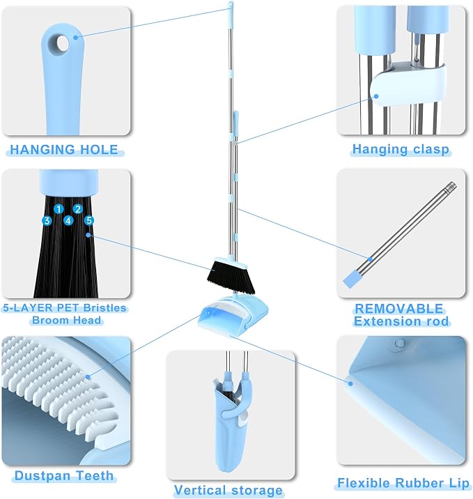 BSKLIN Broom and Dustpan Set for Home, 52" Long Handle Broom Set with Dustpan Teeth to Clean Hair Sweeping Indoor and Outdoor (Blue)