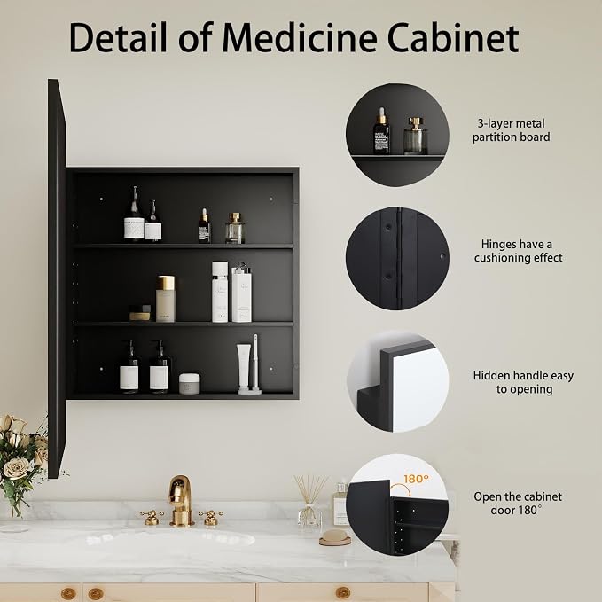 Brushed Sliver Metal Medicine Cabinet Right-Angled Rectangle-Design,Bathroom Mirror with Storage, Recessed or Surface Mounted, 2 Adjustable Metal Shelves (Brushed Black, 24x32)