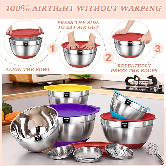 Umite Chef Mixing Bowls with Airtight Lids Set, 8PCS Stainless Steel Nesting Bowls Set, 3 Grater Attachments & Non-Slip Bottoms, Size 5, 4, 3.5, 2, 1.5QT for Baking & Mixing(Colorful)