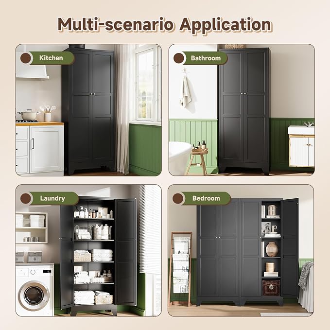 75" H Metal Storage Cabinet with 2 Doors and 4 Shelves,Tall Kitchen Pantry Cabinets,Farmhouse Utility Pantry Organizers for Cupboard/Dining/Bathroom/Home Office/Garage Room,Black