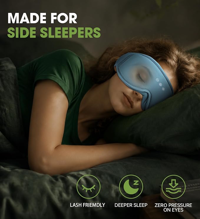 Bamboo Cotton Sleep Mask for Women - Bluetooth Sleep Headphones for Side Sleeper Blackout Eye Mask for Sleeping 3D Contoured Sleep Eye Cover Headband Ear Plugs Low Noise Hook (Blue)