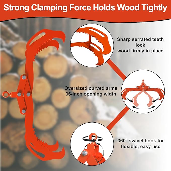 Log Lifting Tongs 36 Inch - 3300LBS Load Capacity Heavy Duty Log Grapple with 4 Serrated Claw Hooks & Handles, Logging Tongs for Tractors, Trucks, Forklifts, Orange