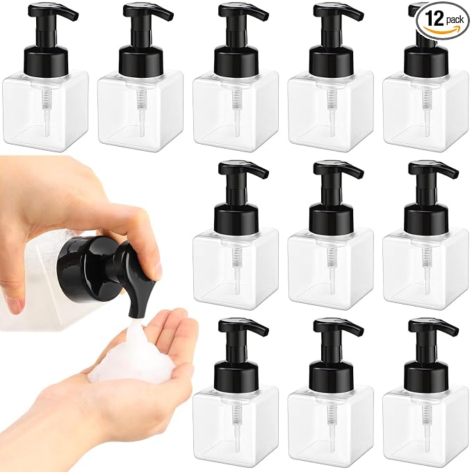 Domensi Foaming Soap Dispenser 8.5 oz Foam Pump Bottle Bulk Empty Travel Foaming Dispenser Refillable Hand Soap Plastic Pump Bottle Travel Clear Container for Bathroom Vanities(12 Pcs,Black)