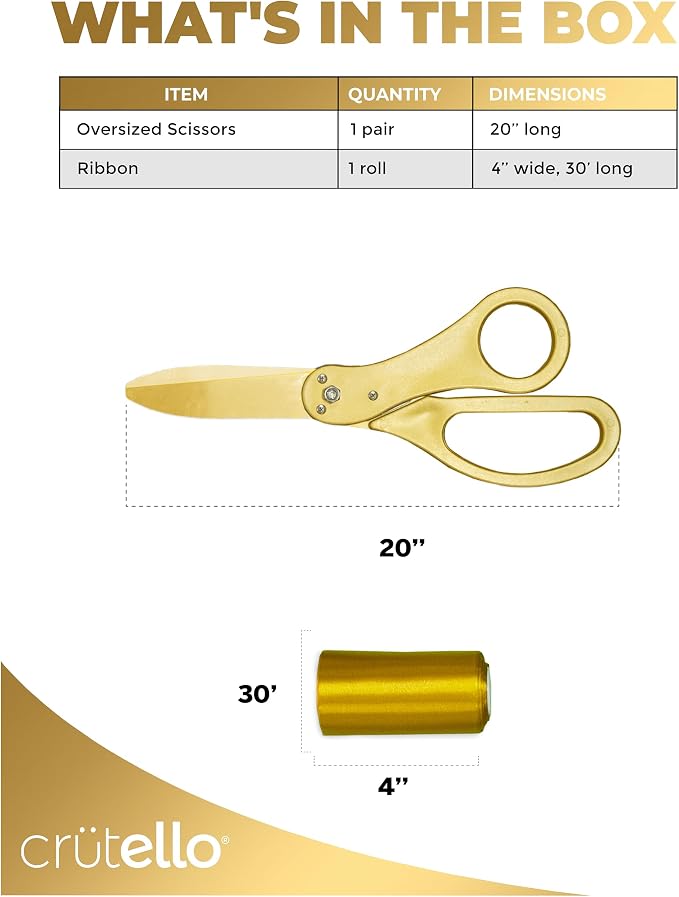 Crutello Ribbon Cutting Ceremony Kit - Grand Opening Ribbons and Scissors - 20"Giant Gold Scissors and 30 Foot Large Gold Ribbon 4"Wide - Ceremonial Kit