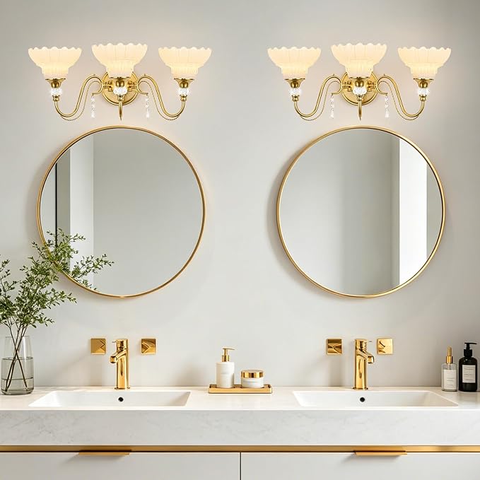 Vintage Bathroom Vanity Light, 3-Light Brushed Gold Finish Wall Sconce with Hanging Crystal Accents and Flower-Shaped White Glass Shades, Retro Wall Mount Vanity Light Over Mirror for Bathroom