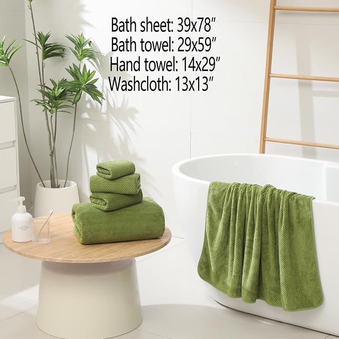 YTYC 39x78 Bath Sheets Set,Towels for Bathroom,Sage Green,6-Pieces | 2 Extra Large Bath Towels, 2 Hand Towels, 2 Washcloths, Super Soft,Highly absorbent,Hanging Loop,80% Polyester