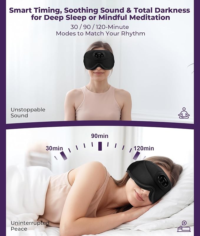MUSICOZY 3D Bluetooth Sleep Mask with Headphones and Timer, Wireless Sleep Headphones for Side Sleepers, Eye Mask with Bluetooth Headphone, Unique Gifts for Men Women, Black